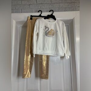 Crown & Ivy Girls Rhinestone Swan Embellished Top and Gold Leggings Set